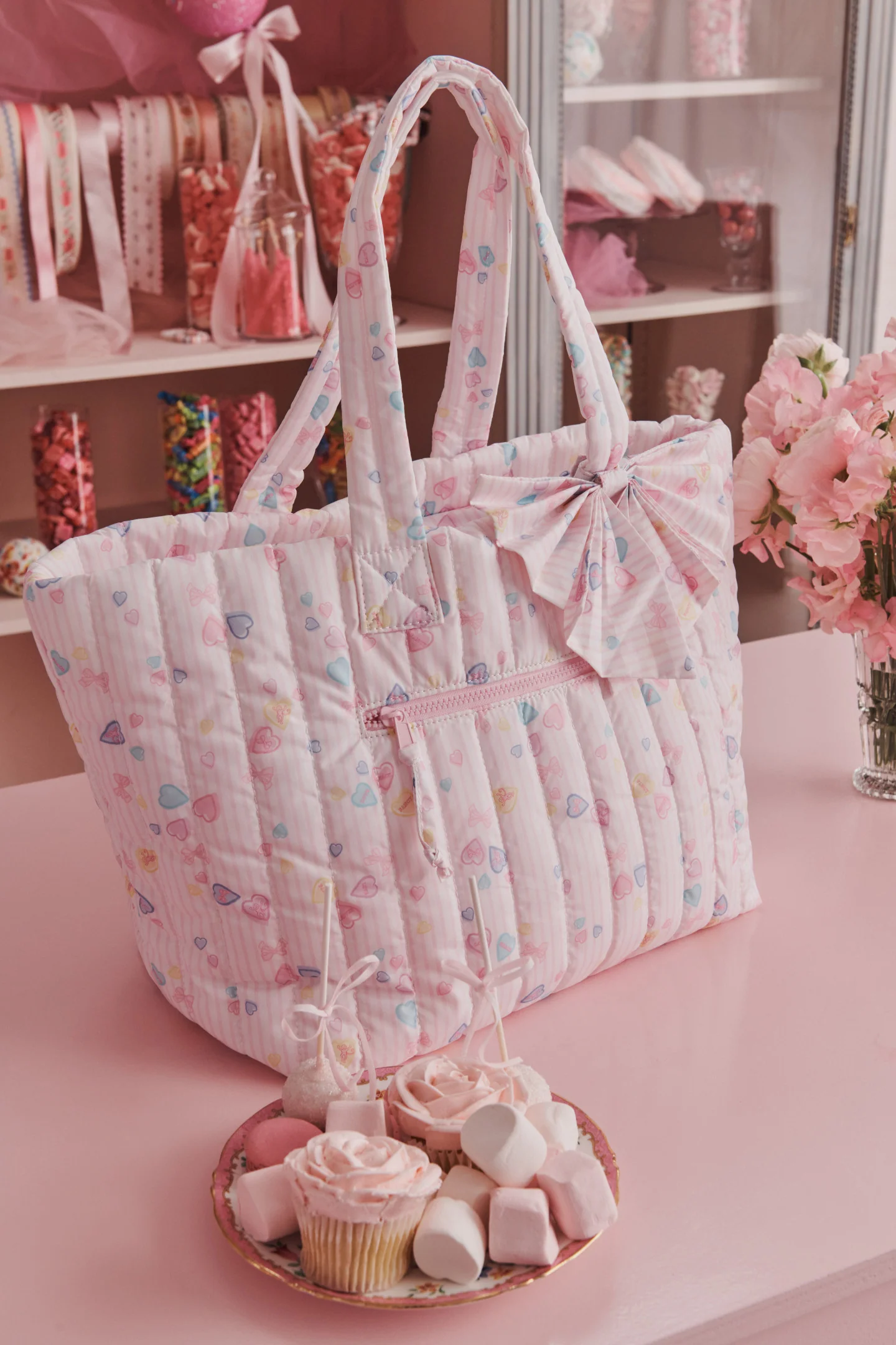 LoveShackFancy x Roller Rabbit Heart Stripe Bow Tote Bag
