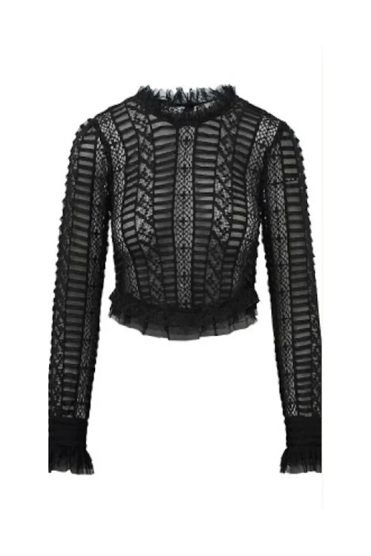 Etheline Crochet Lace Long Sleeve Top - BLACK